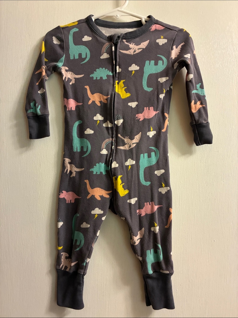Old Navy Gray Dino Print Zip Pajamas with Teal, Pink and Yellow